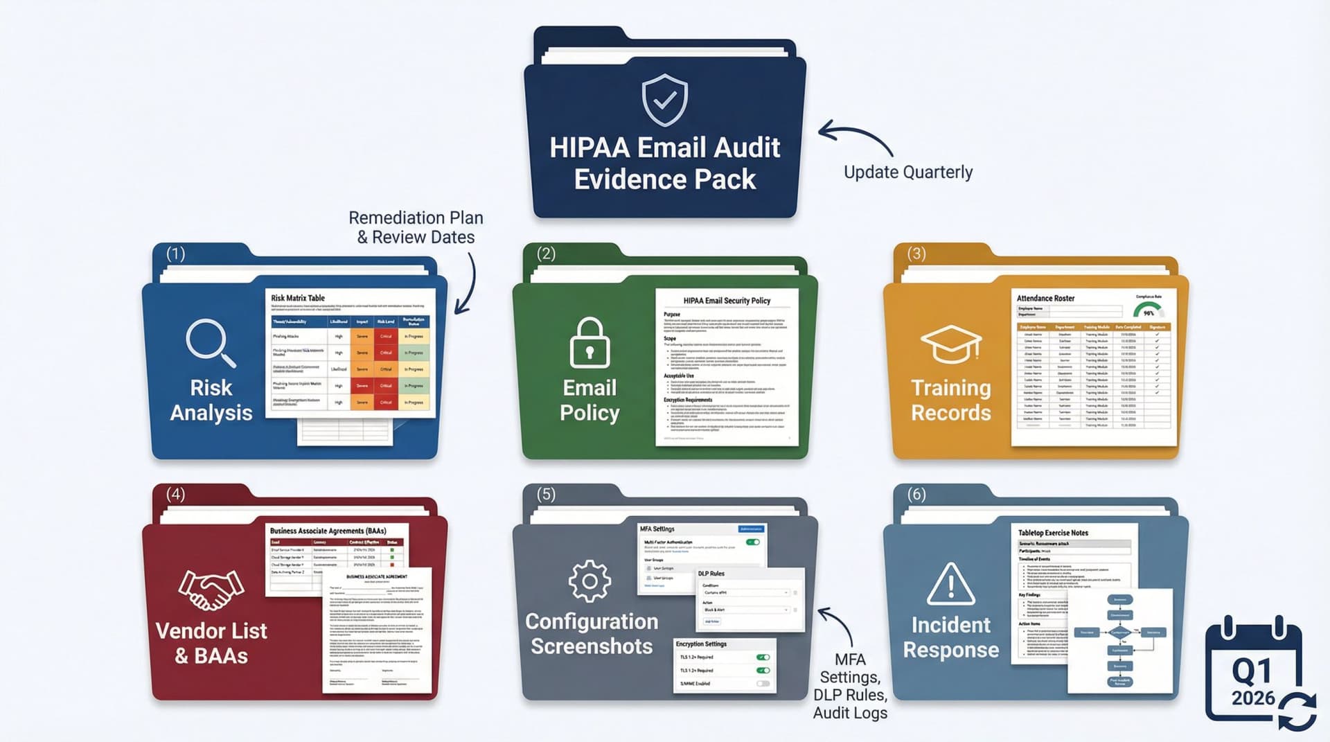 Organized folder system showing HIPAA audit documentation including risk analysis, training records, vendor contracts, and technical configuration screenshots